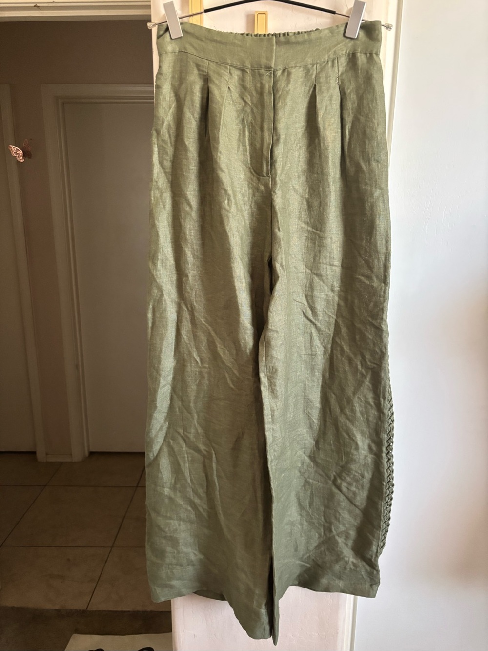 NWOT Magaschoni Wide Leg Linen Pants in Olive Green w/ braided detail, Size XS
